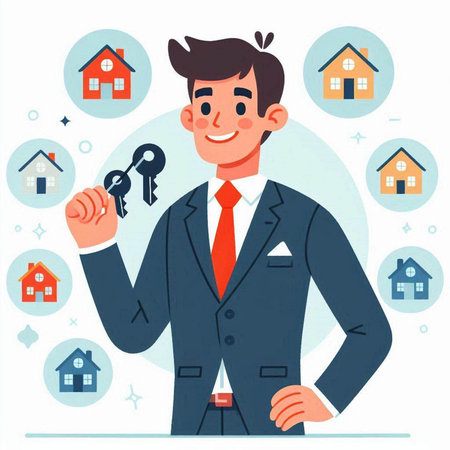 Real estate agent with keys in hand. Vector illustration in flat styleのイラスト素材