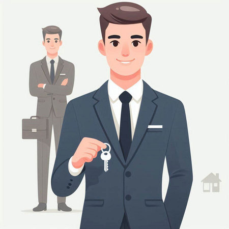 Real estate agent giving keys to young man. Vector illustration in cartoon style.のイラスト素材