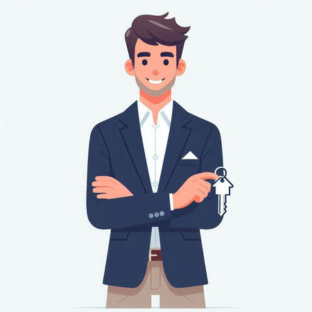Real estate agent with keys in hand. Vector illustration in cartoon styleのイラスト素材