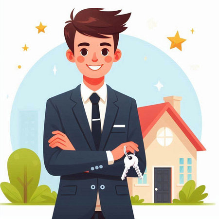 Real estate agent with keys in hand. Vector illustration in cartoon styleのイラスト素材