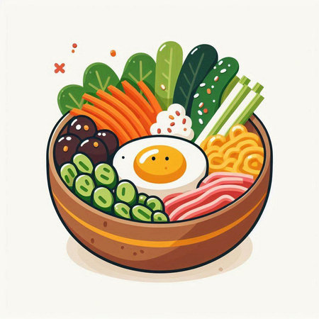 Bowl of noodle with egg and vegetables. Vector illustration.のイラスト素材