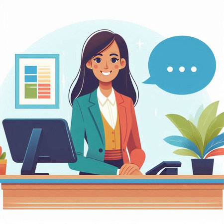 Vector illustration of a smiling businesswoman sitting at her desk in officeのイラスト素材