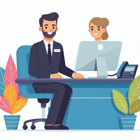 Businessman and businesswoman sitting at the desk in office. Vector illustrationのイラスト素材