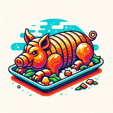 Vector illustration of a stylized pig on a plate with rice.のイラスト素材