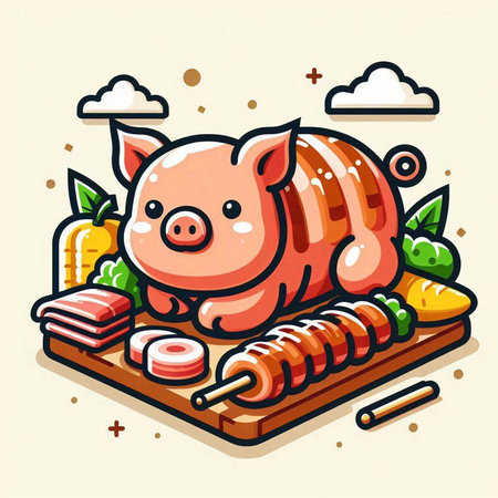 Vector illustration of a pig on a barbecue grill with vegetables and meat.のイラスト素材