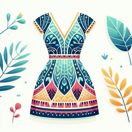 Vector illustration of a fashion woman's dress with floral ornament and leaves.のイラスト素材