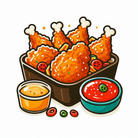Illustration of fried chicken drumsticks with tomato sauce and mayonnaiseのイラスト素材