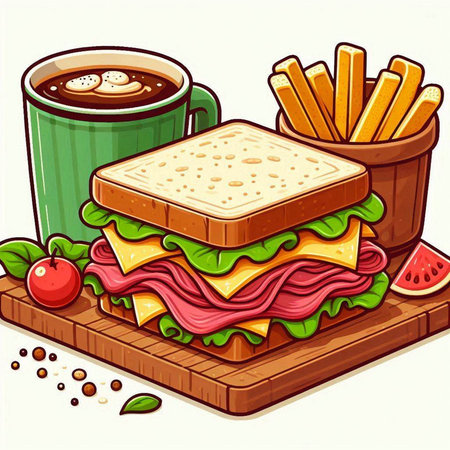 Illustration of a sandwich with coffee and fries on a white backgroundのイラスト素材