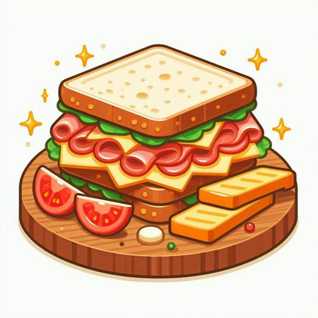 Sandwich with ham, cheese and tomato on wooden board. Vector illustration.のイラスト素材