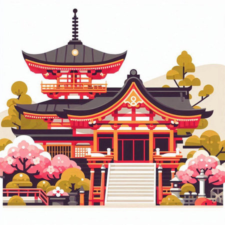 Japanese temple with cherry blossom. Vector illustration in flat style.のイラスト素材
