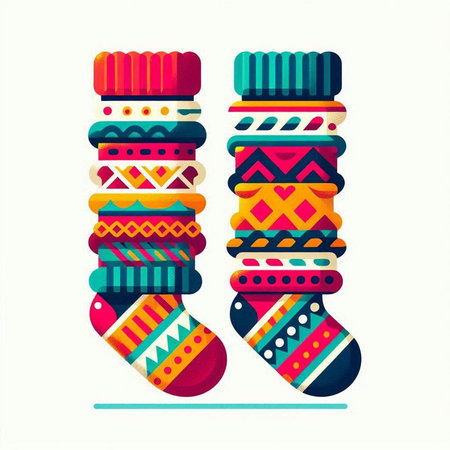 Colorful Christmas socks with ornament. Vector illustration in flat style.のイラスト素材