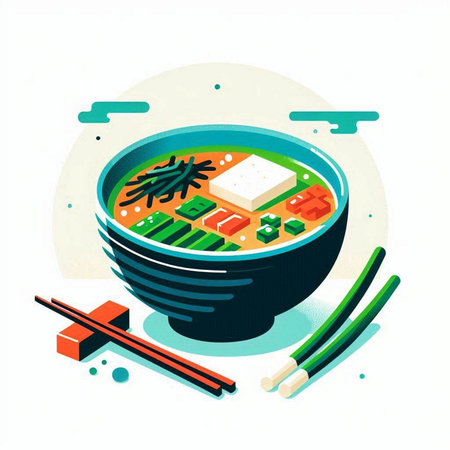 Illustration of a bowl of miso soup with tofu and chopsticksのイラスト素材