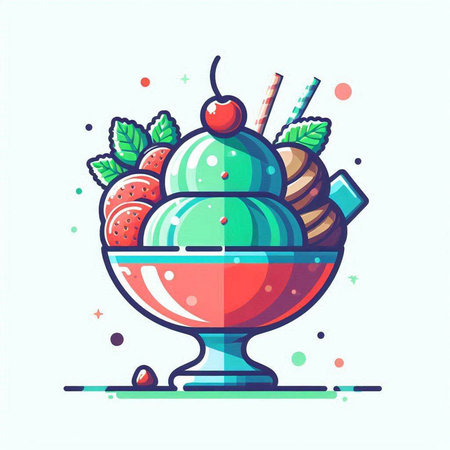 Ice cream in a glass bowl with fruits and berries. Vector illustration.のイラスト素材