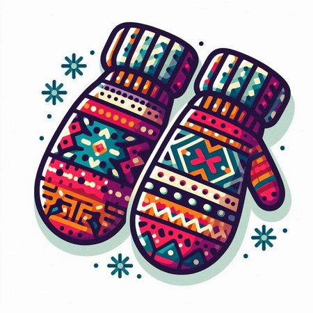 Hand drawn vector illustration with Christmas mittens and snowflakes.のイラスト素材