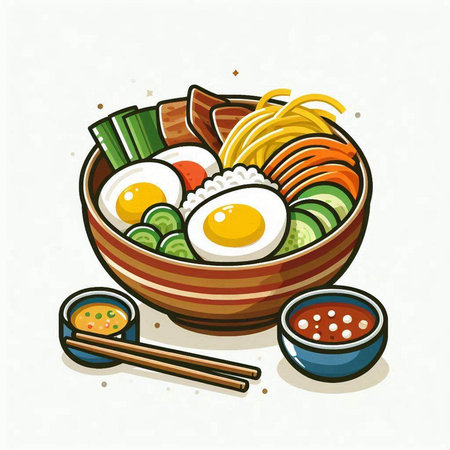 Vector illustration of Japanese noodle bowl with chopsticks and vegetables.のイラスト素材