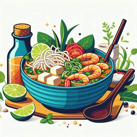 Noodle soup with shrimps in a bowl. Vector illustration.のイラスト素材