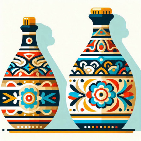 Vector illustration of two vases with floral ornament in retro style.のイラスト素材