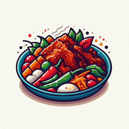 Illustration of a bowl of spicy beef with vegetables on a white backgroundのイラスト素材