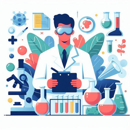 Scientist with equipment and science experiments. Vector illustration in flat styleのイラスト素材