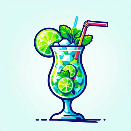 Cocktail with lime, mint and ice. Vector illustration.のイラスト素材