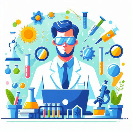 Scientist in laboratory. Vector illustration in flat design style for web banner, infographics.のイラスト素材
