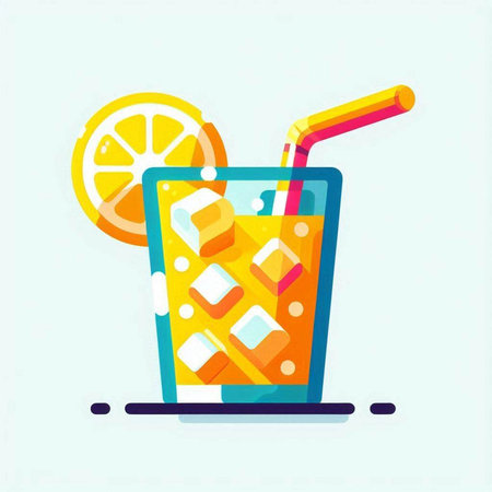 Orange juice with ice cubes and straw. Vector illustration in flat style.のイラスト素材