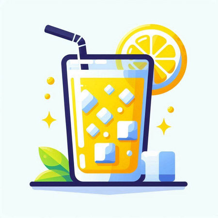 Orange juice with ice cubes and straw. Vector illustration in flat styleのイラスト素材
