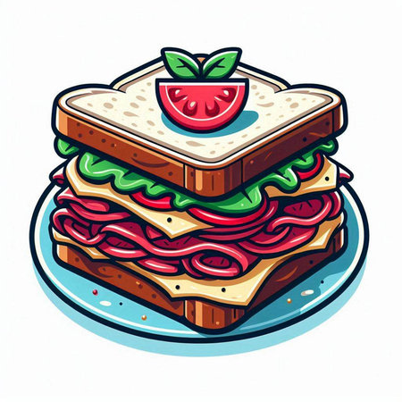 Sandwich with ham, cheese, tomato and lettuce on a plateのイラスト素材