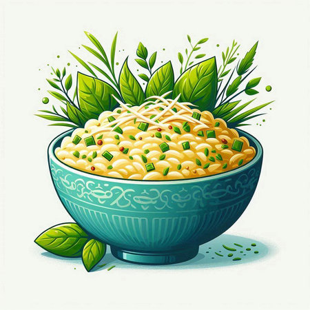 Illustration of a bowl of macaroni with herbs and spicesのイラスト素材