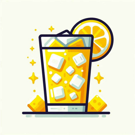 Cocktail with ice cubes and lemon. Flat vector illustration.のイラスト素材