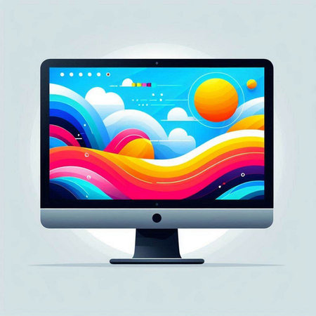 Vector illustration of modern computer monitor with abstract colorful background. Flat designのイラスト素材