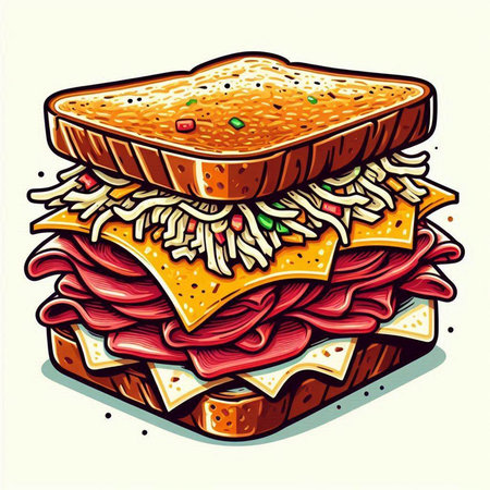 Sandwich with ham, cheese, tomato and lettuce. Vector illustration.のイラスト素材