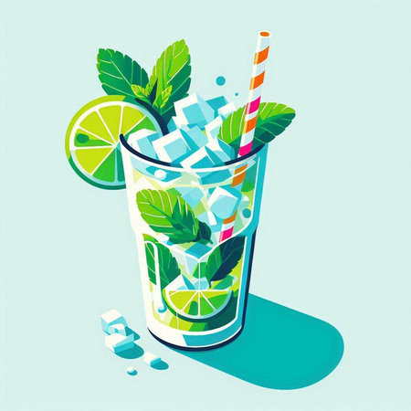 Mojito cocktail with lime, mint and ice. Vector illustration.のイラスト素材