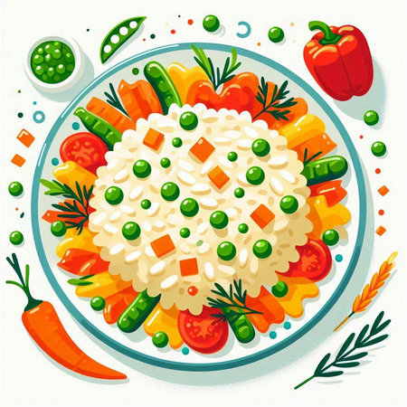 Rice with vegetables on the plate. Healthy food. Vector illustration.のイラスト素材