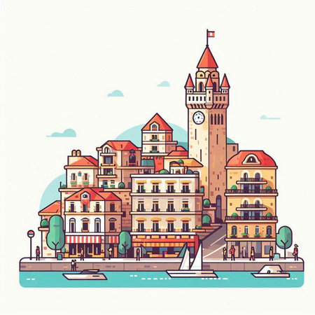 Cityscape of Prague, Czech Republic. Vector illustration in flat styleのイラスト素材