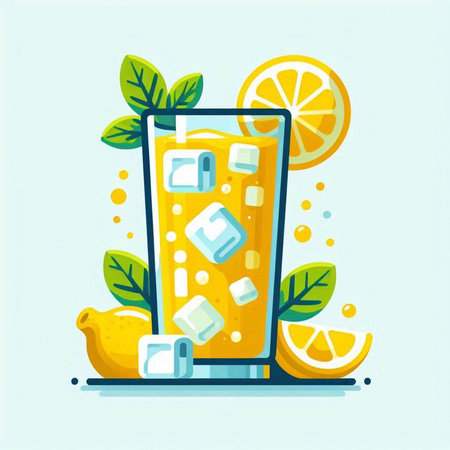 Orange juice with ice cubes and lemon slices. Flat style vector illustration.のイラスト素材