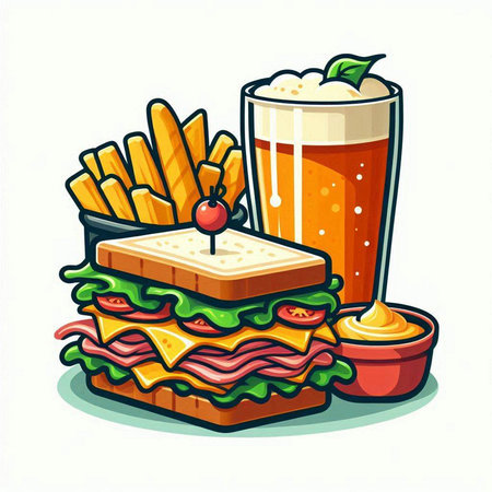 Illustration of a beer and a hamburger with fries on a white backgroundのイラスト素材