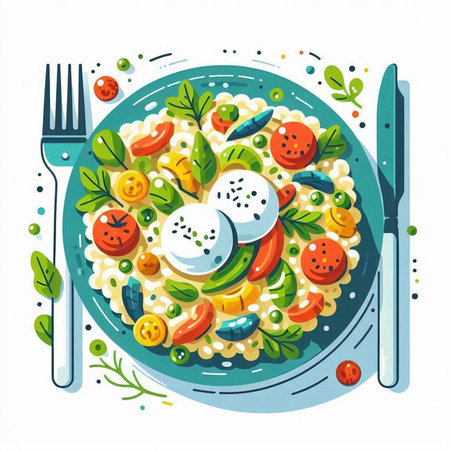 Vector illustration of a healthy breakfast with rice, tomato and mozzarellaのイラスト素材