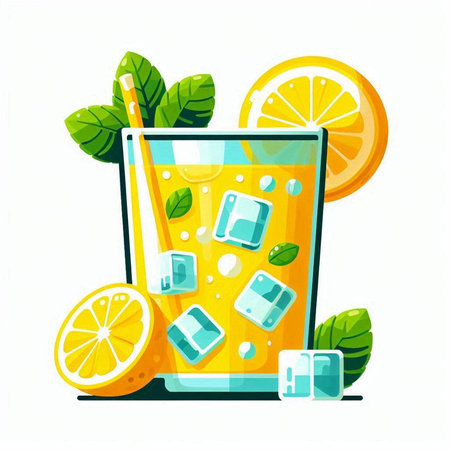 Glass of lemonade with ice cubes, orange and mint leaves. Vector illustration.のイラスト素材