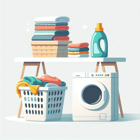 Laundry room with washing machine and laundry basket. Vector illustration.のイラスト素材