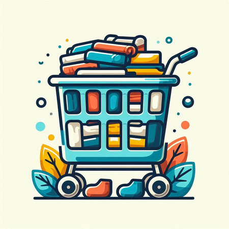 Shopping cart with pile of books. Colorful flat vector illustration.のイラスト素材