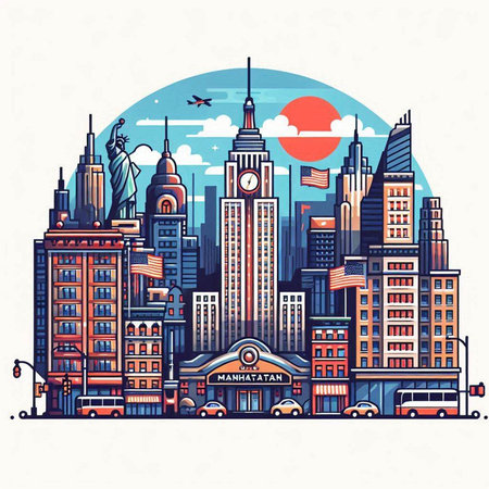 New York City, USA. Vector hand drawn illustration in vintage style.のイラスト素材