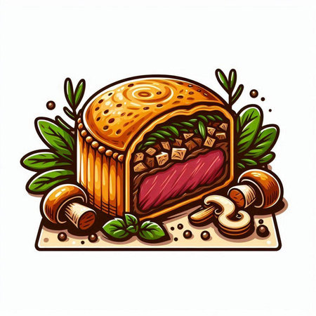 Piece of pie with meat and mushrooms on white background. Vector illustration.のイラスト素材