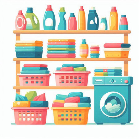 Laundry room with washing machine and laundry basket vector illustration.のイラスト素材