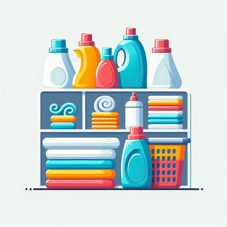 Detergents and cleaning products on shelf. Vector illustration.のイラスト素材