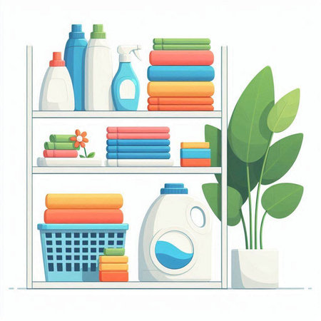 Illustration of a shelf with towels, shampoo, detergents and plantsのイラスト素材