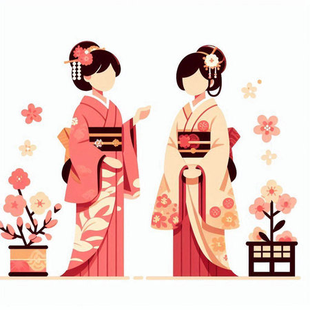 Japanese girls in kimono with sakura. Vector illustration.のイラスト素材