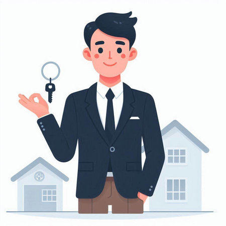 Real estate agent with key in hand. Vector illustration in cartoon styleのイラスト素材