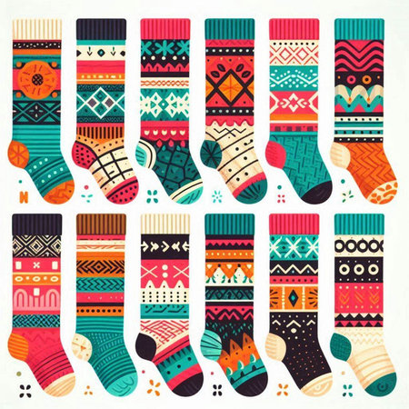 Set of colorful socks with geometric ornaments. Vector illustration.のイラスト素材