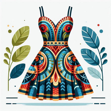 Fashionable dress with ornament. Vector illustration in ethnic style.のイラスト素材